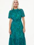 Whistles Petite Snakeprint Shirred Midi Dress, Teal/Multi