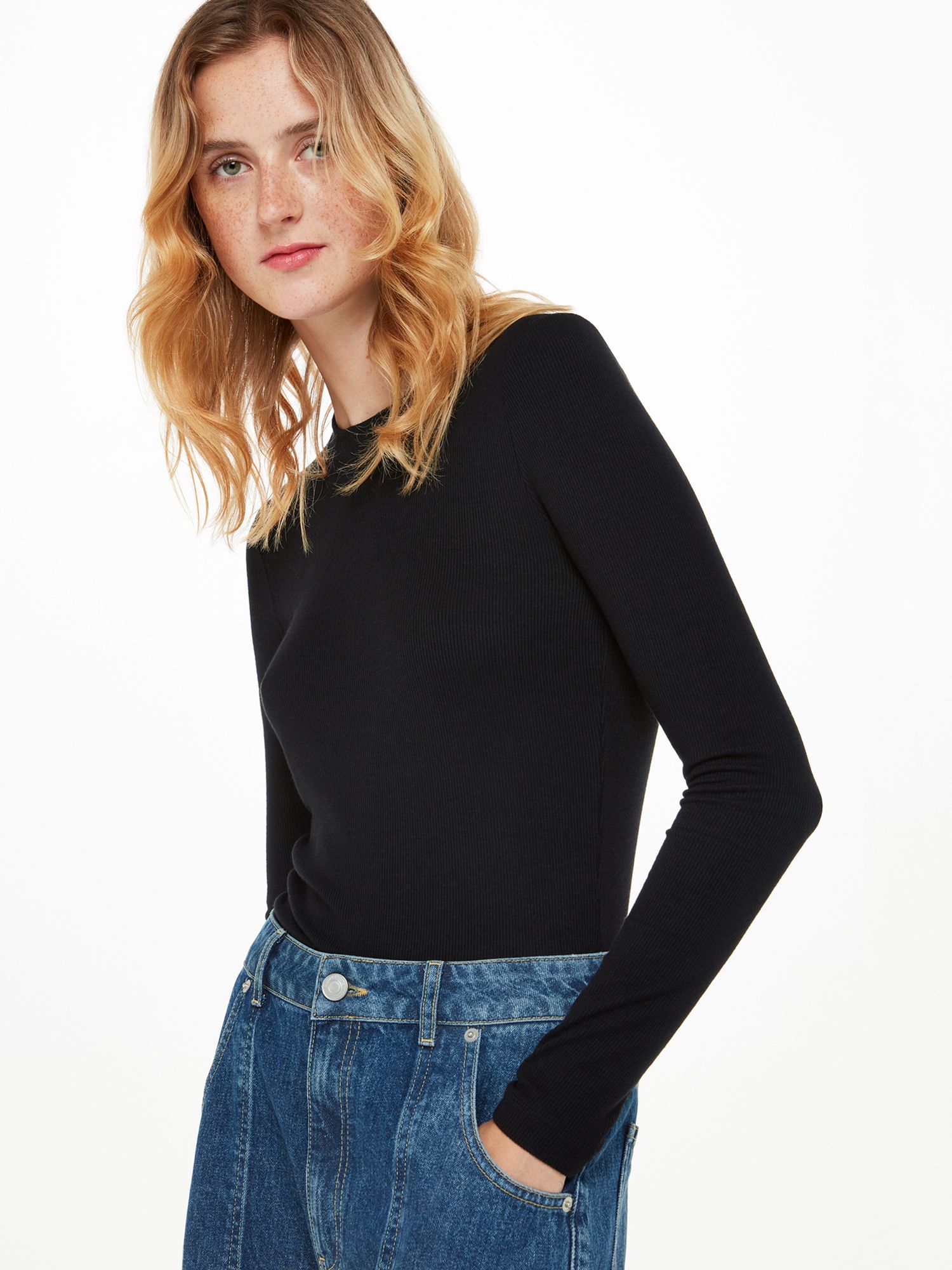 Whistles Essential Ribbed Crew Neck Top, Black at John Lewis & Partners