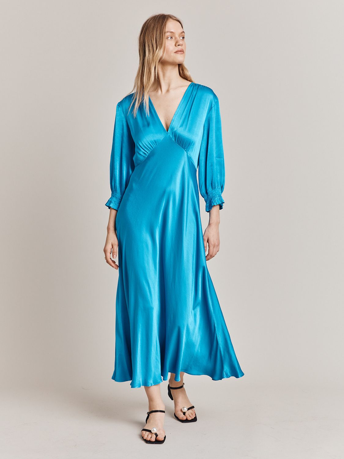 Ghost Elle Satin Midi Dress, Bright Blue