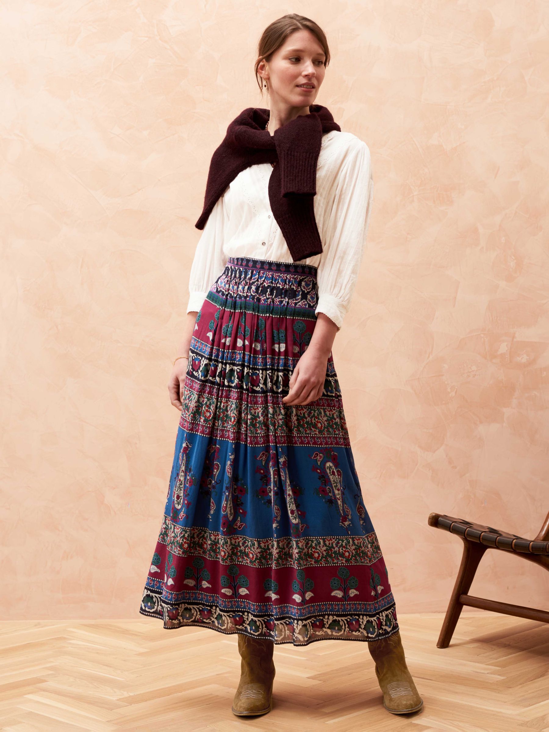Brora Folk Patchwork Maxi Skirt, Dusk/Mulberry