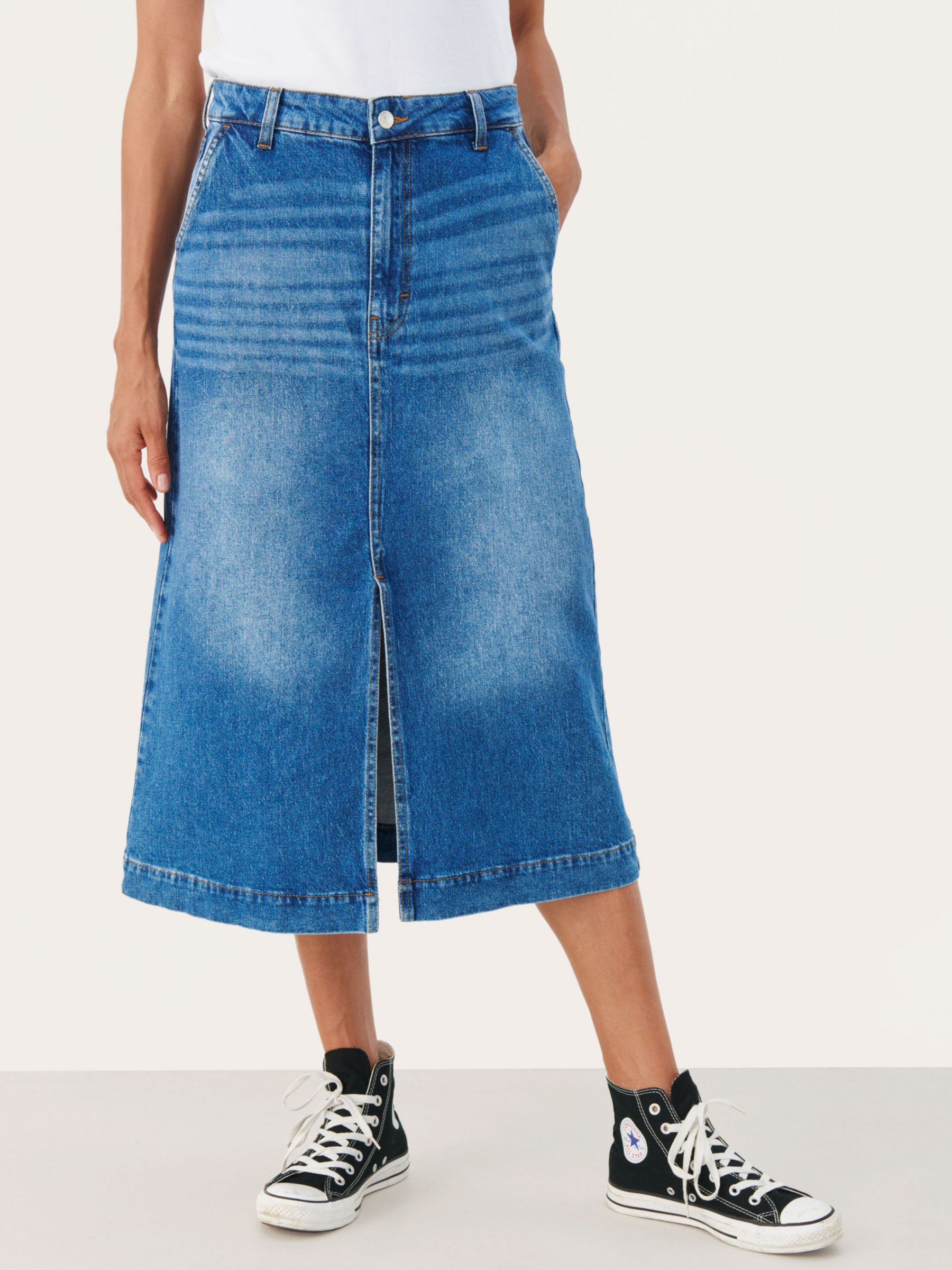 Part Two Calia Plain Denim Midi Skirt, Medium Blue at John Lewis & Partners