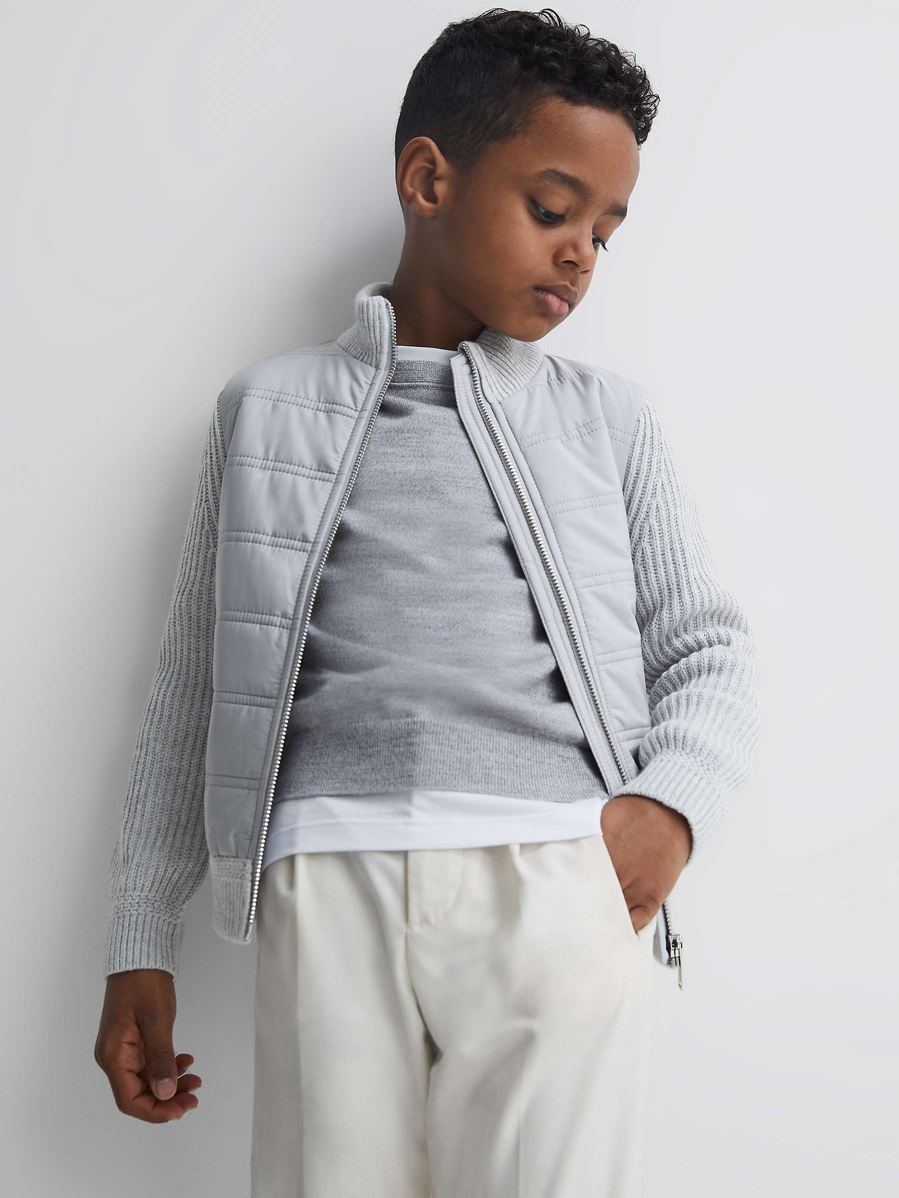 Buy Reiss Kids' Quilted Hybrid Cardigan, Soft Grey Melange Online at johnlewis.com