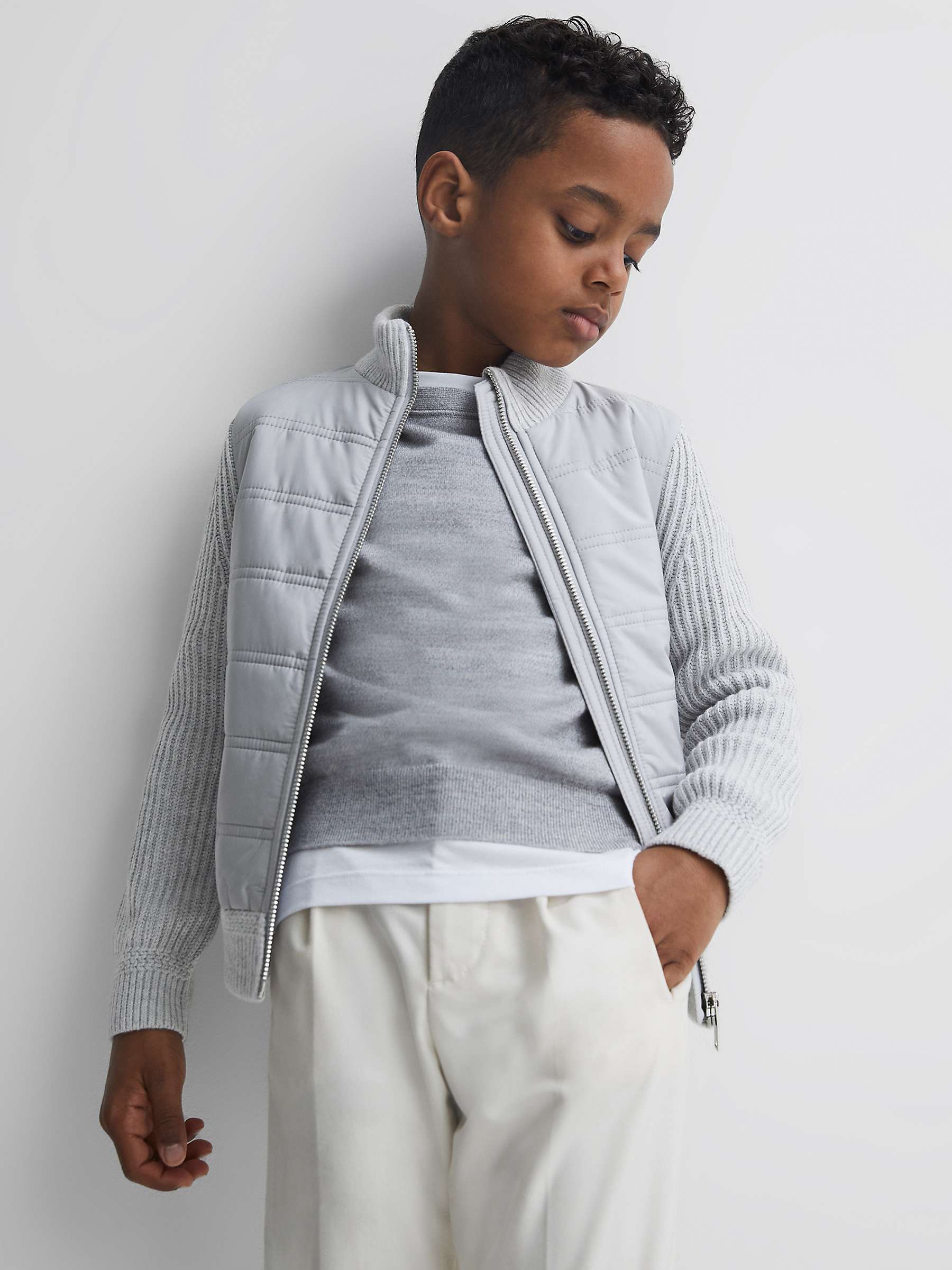 Buy Reiss Kids' Quilted Hybrid Cardigan, Soft Grey Melange Online at johnlewis.com