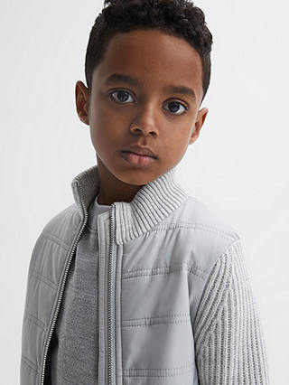 Reiss Kids' Quilted Hybrid Cardigan, Soft Grey Melange