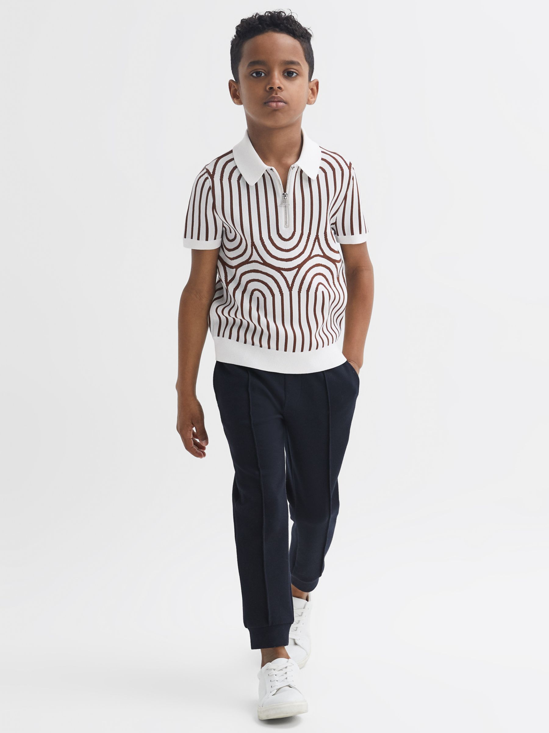 Reiss Kids' Maycross Wave Half Zip Short Sleeve Top, White/Brown