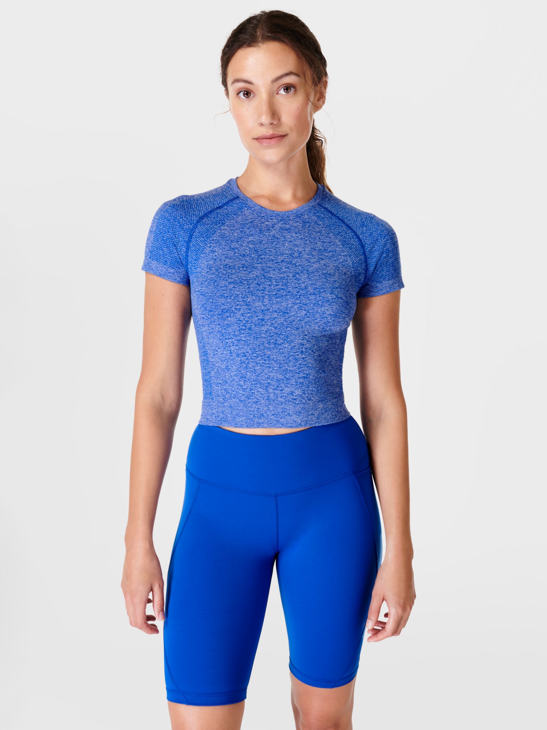 Sweaty Betty Athlete Crop Seamless Workout Top, Blue at John Lewis ...