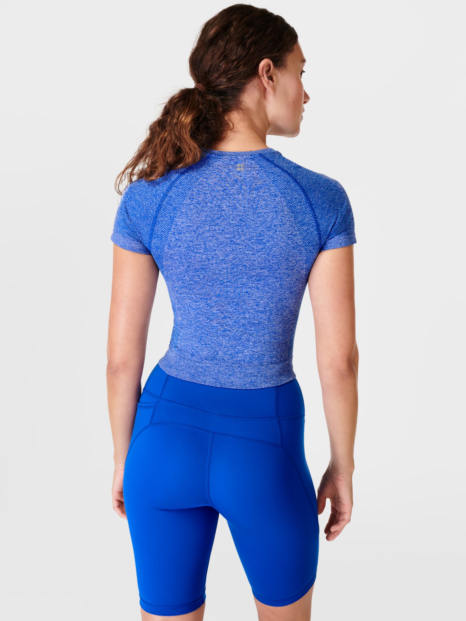 Sweaty Betty Athlete Crop Seamless Workout Top, Blue at John Lewis ...