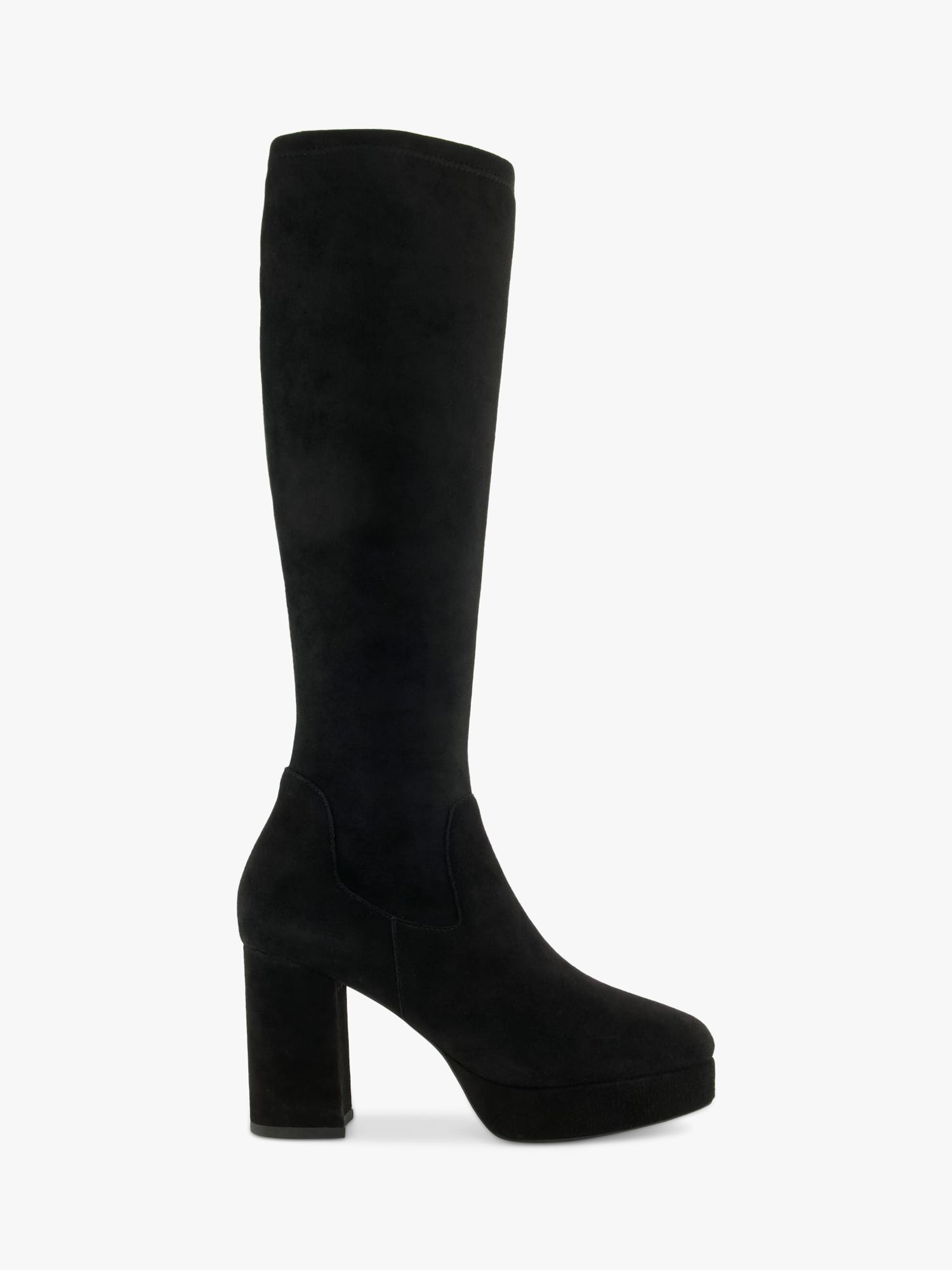 Dune Sassy Stretch Knee High Platform Boots, Black
