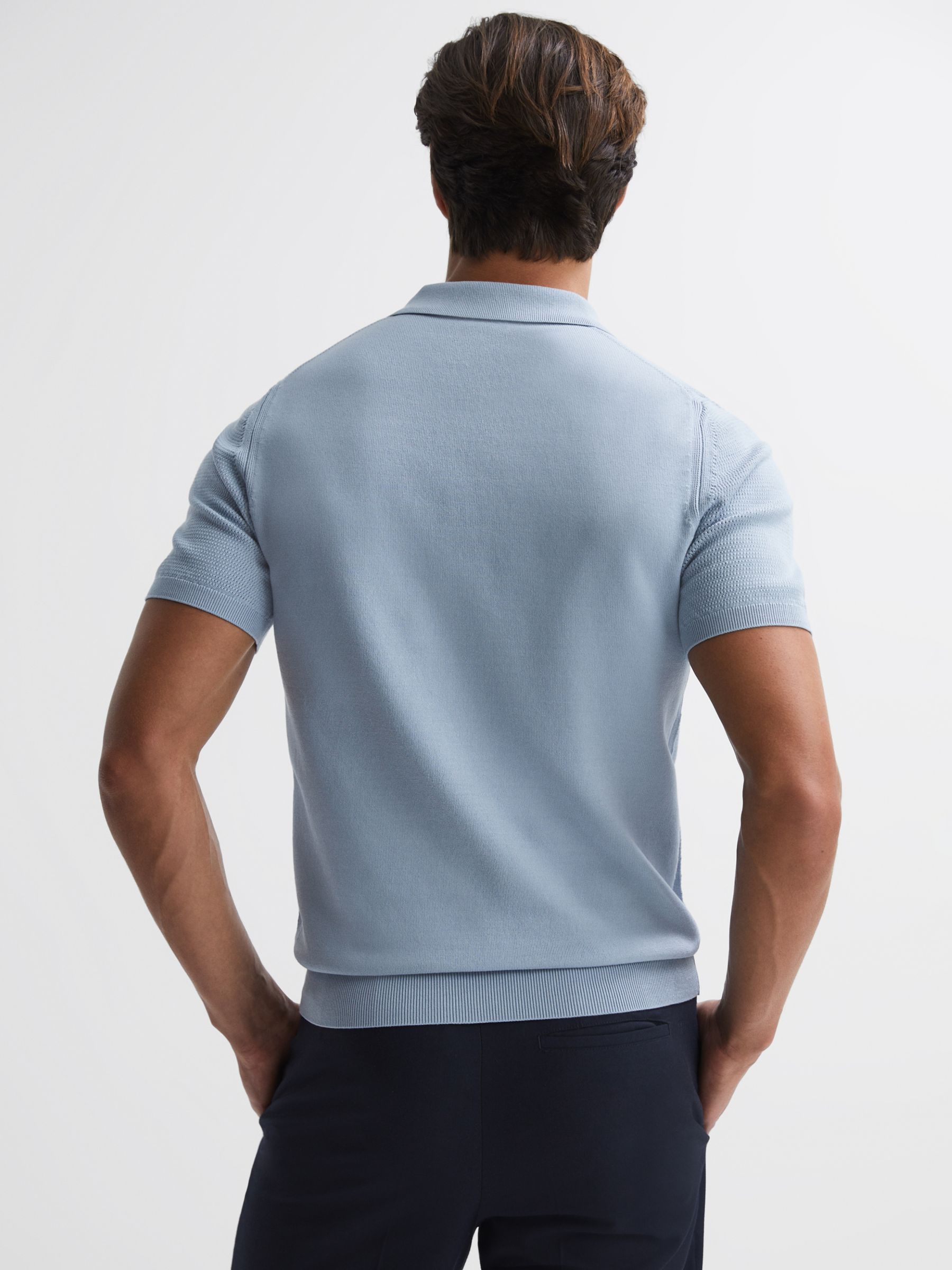 Reiss Fizz Short Sleeve Textured Half Zip Polo Shirt, Soft Blue at John ...