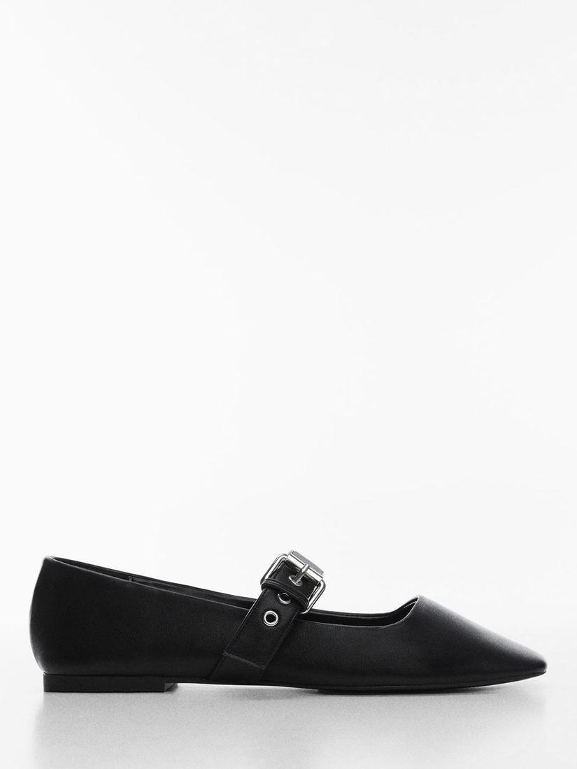 Mango Pelli Buckle Strap Flat Pointed Shoes, Black at John Lewis & Partners