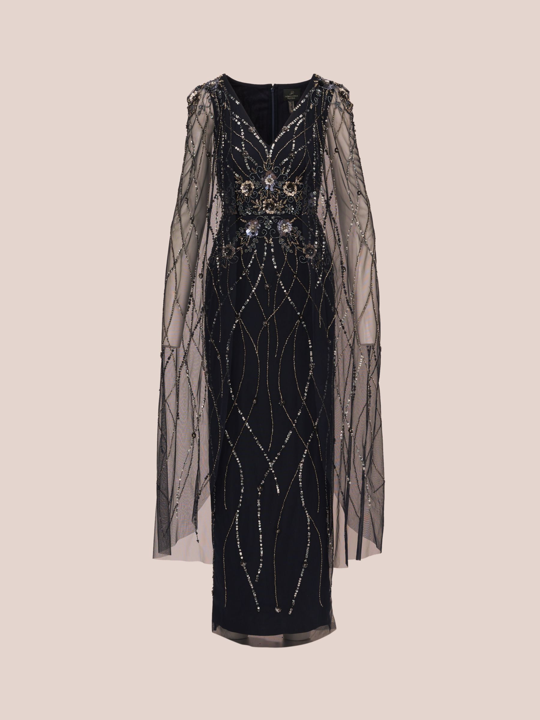 Adrianna Papell Beaded Cape Dress Midnight 6