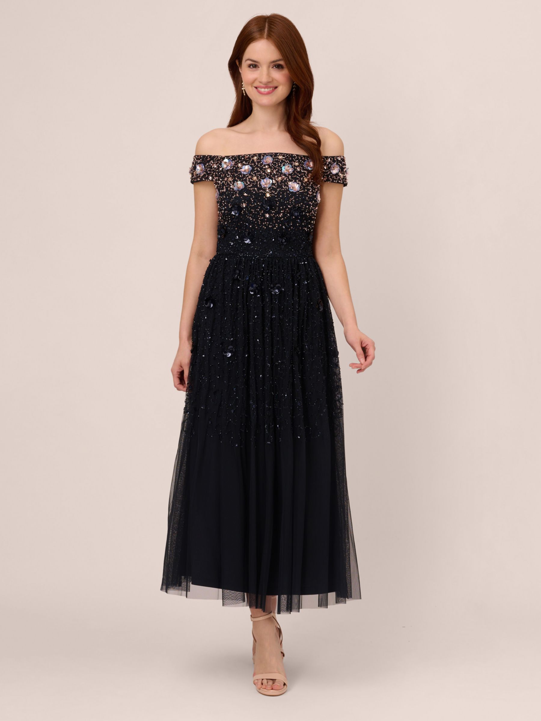 Adrianna Papell Sequin Rosettes Dress, Navy/Rose Gold, 6