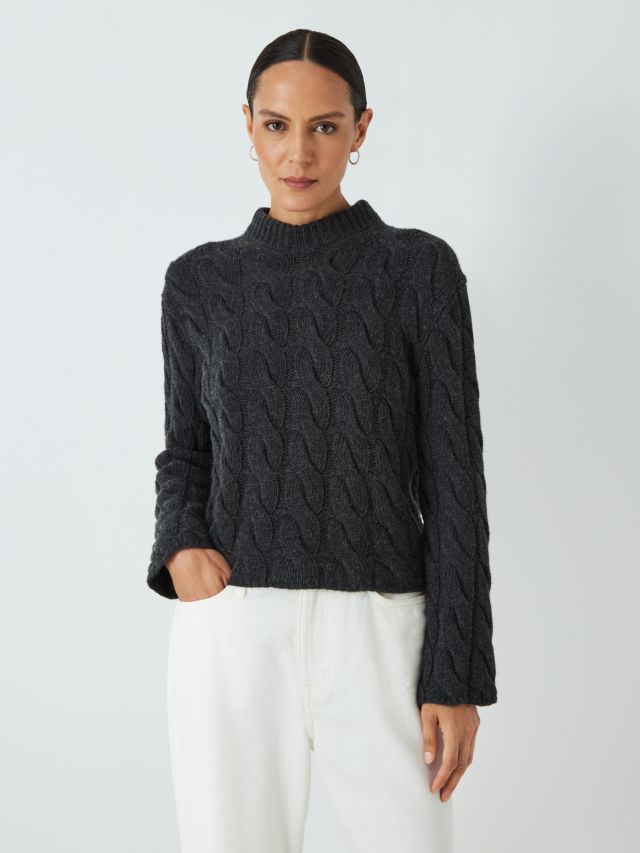 Theory Mock Neck Cable Felted Jumper, Charcoal, S