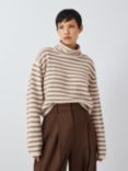 Theory Wool/Cashmere Blend Cropped Striped High Neck Jumper, Ivory/Brown