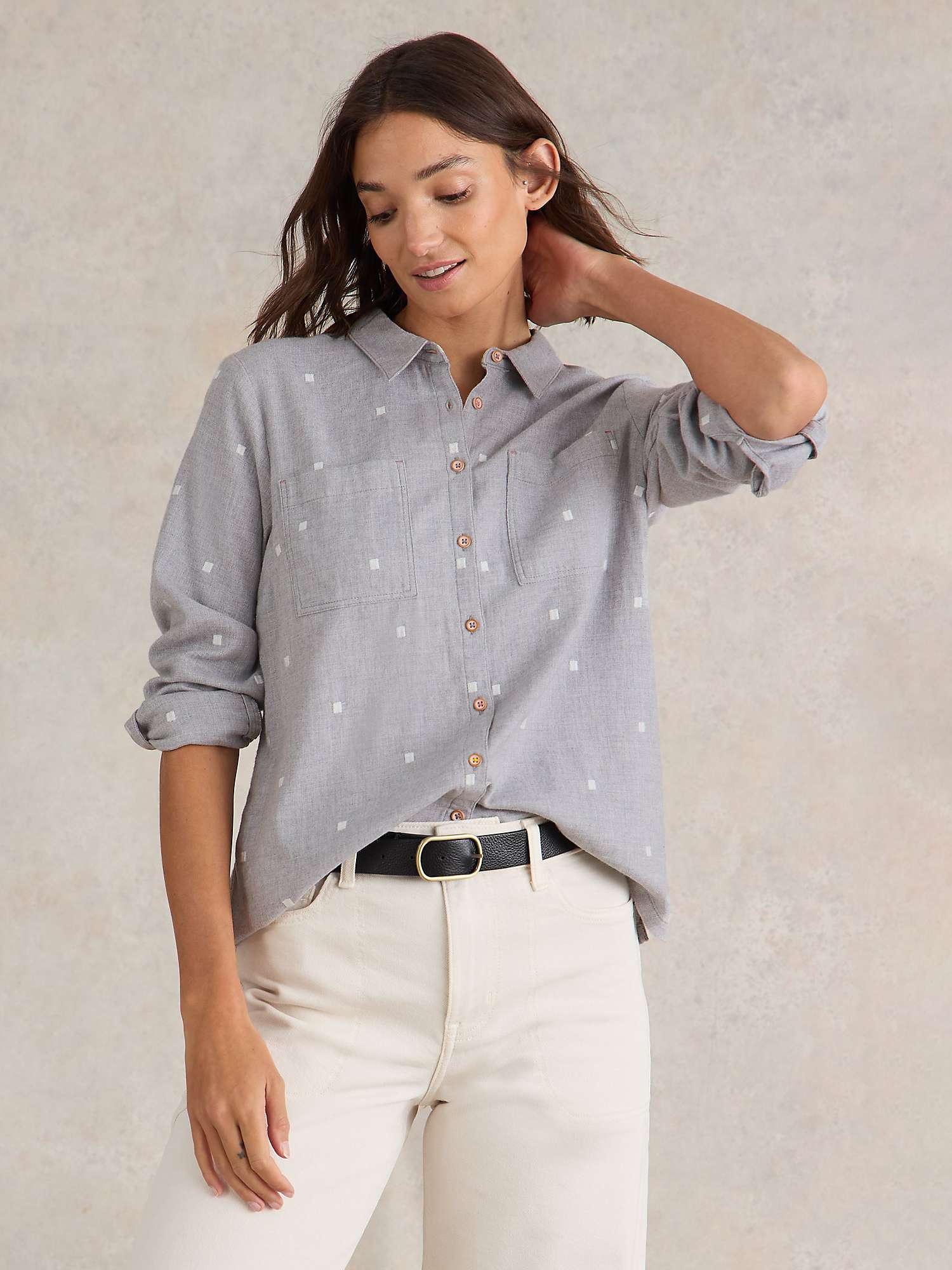 Buy White Stuff Square Embroidery Organic Cotton Shirt, Grey/White Online at johnlewis.com