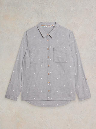 White Stuff Square Embroidery Organic Cotton Shirt, Grey/White