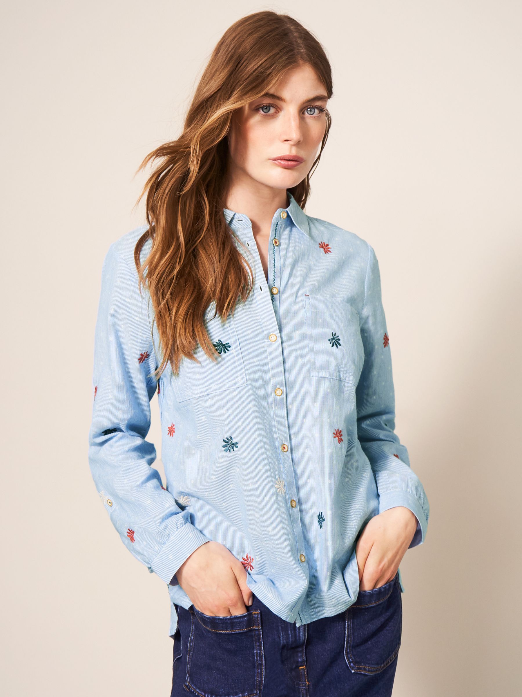 White Stuff Sophie Embroidered Shirt, Blue/Multi