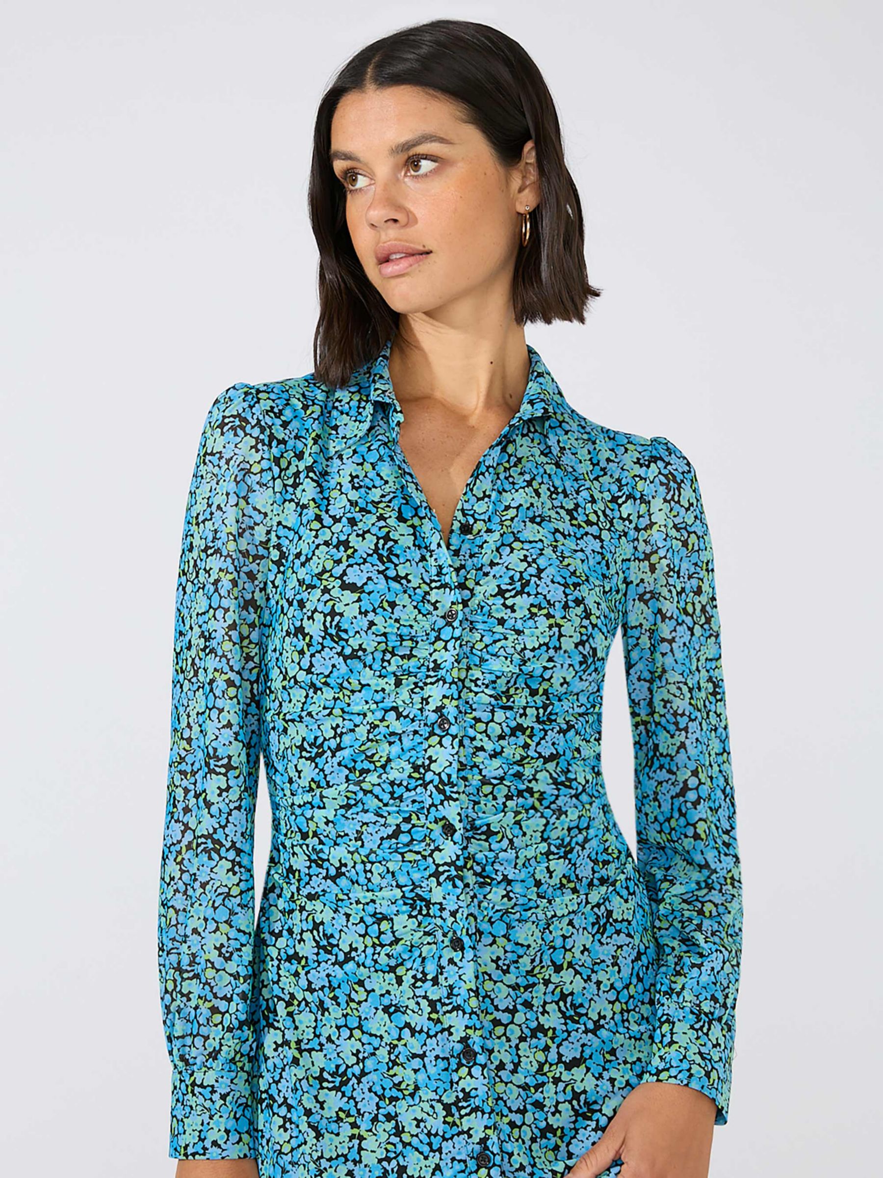 Ro&Zo Petite Floral Mesh Midi Shirt Dress, Blue at John Lewis & Partners