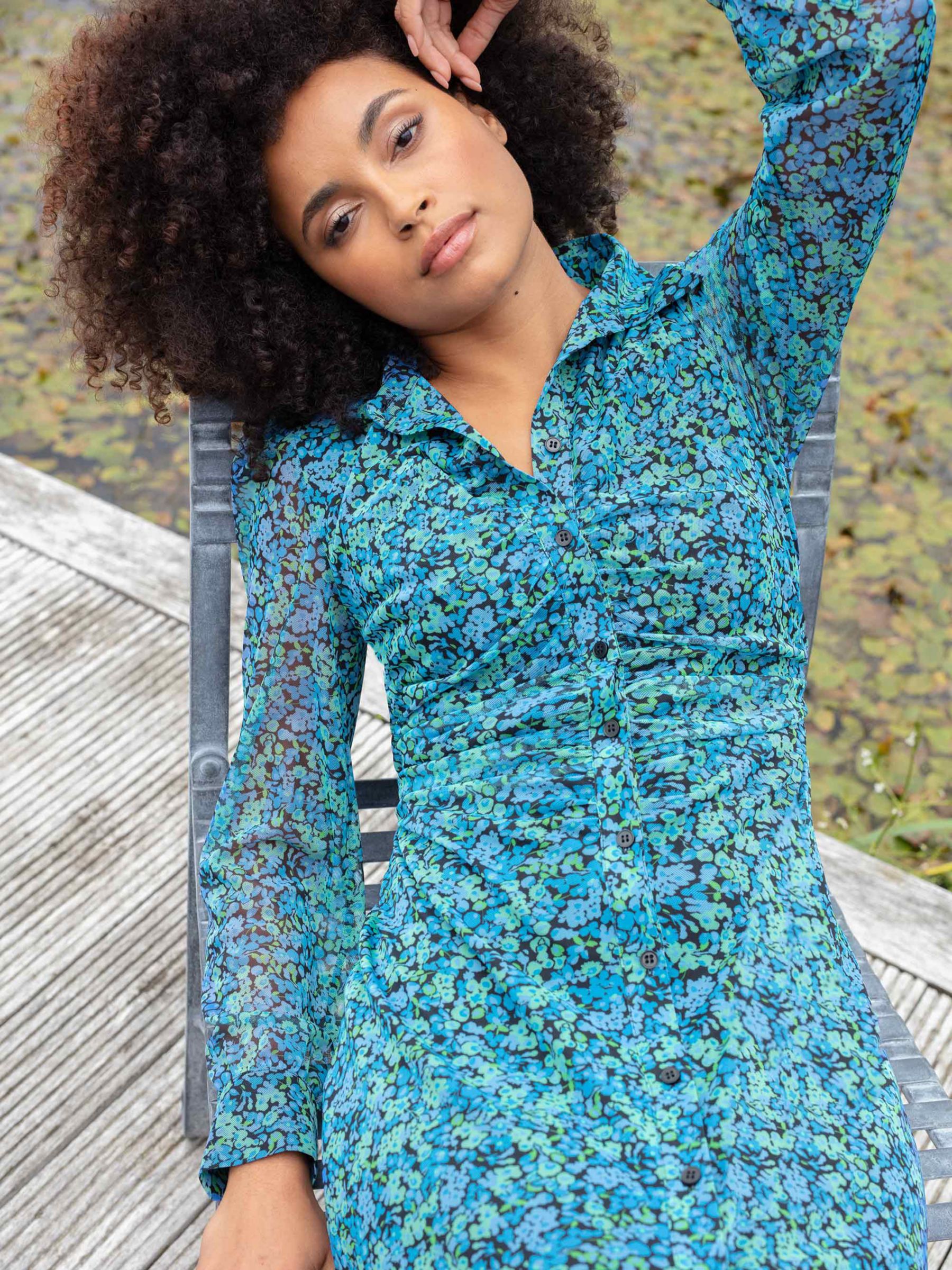 Buy Ro&Zo Floral Mesh Midi Shirt Dress, Blue Online at johnlewis.com