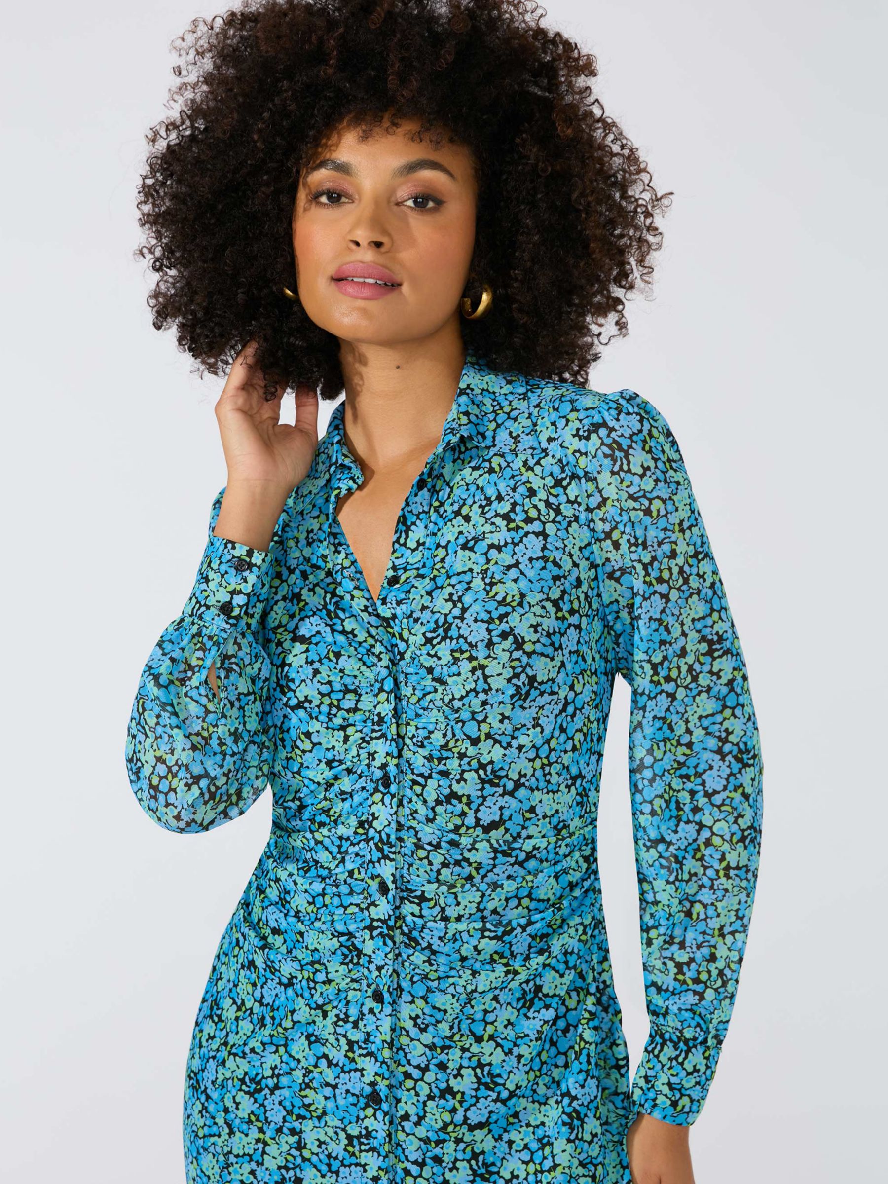 Ro&Zo Floral Mesh Midi Shirt Dress, Blue at John Lewis & Partners