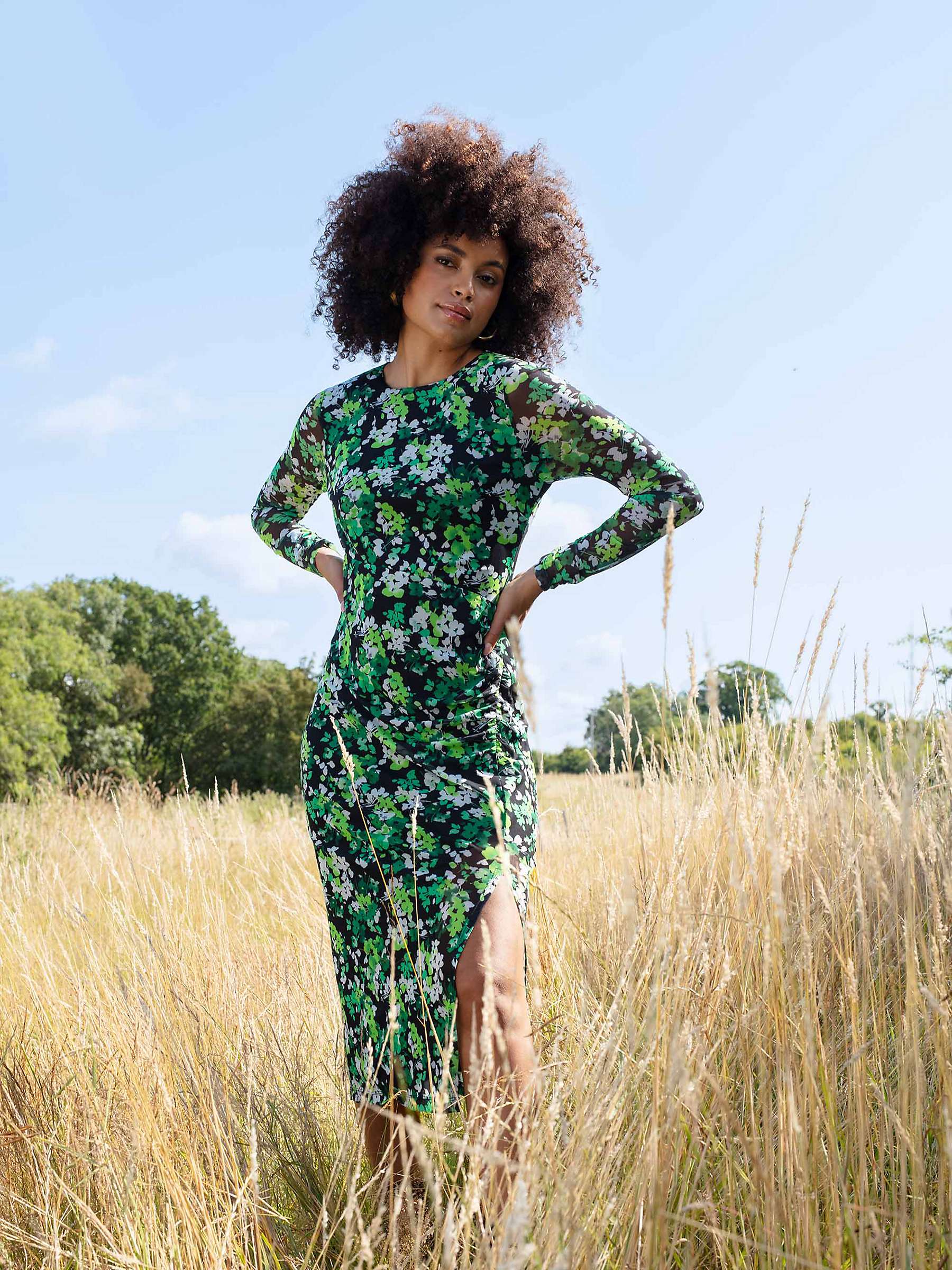 Buy Ro&Zo Floral Mesh Split Side Midi Bodycon Dress, Green Online at johnlewis.com