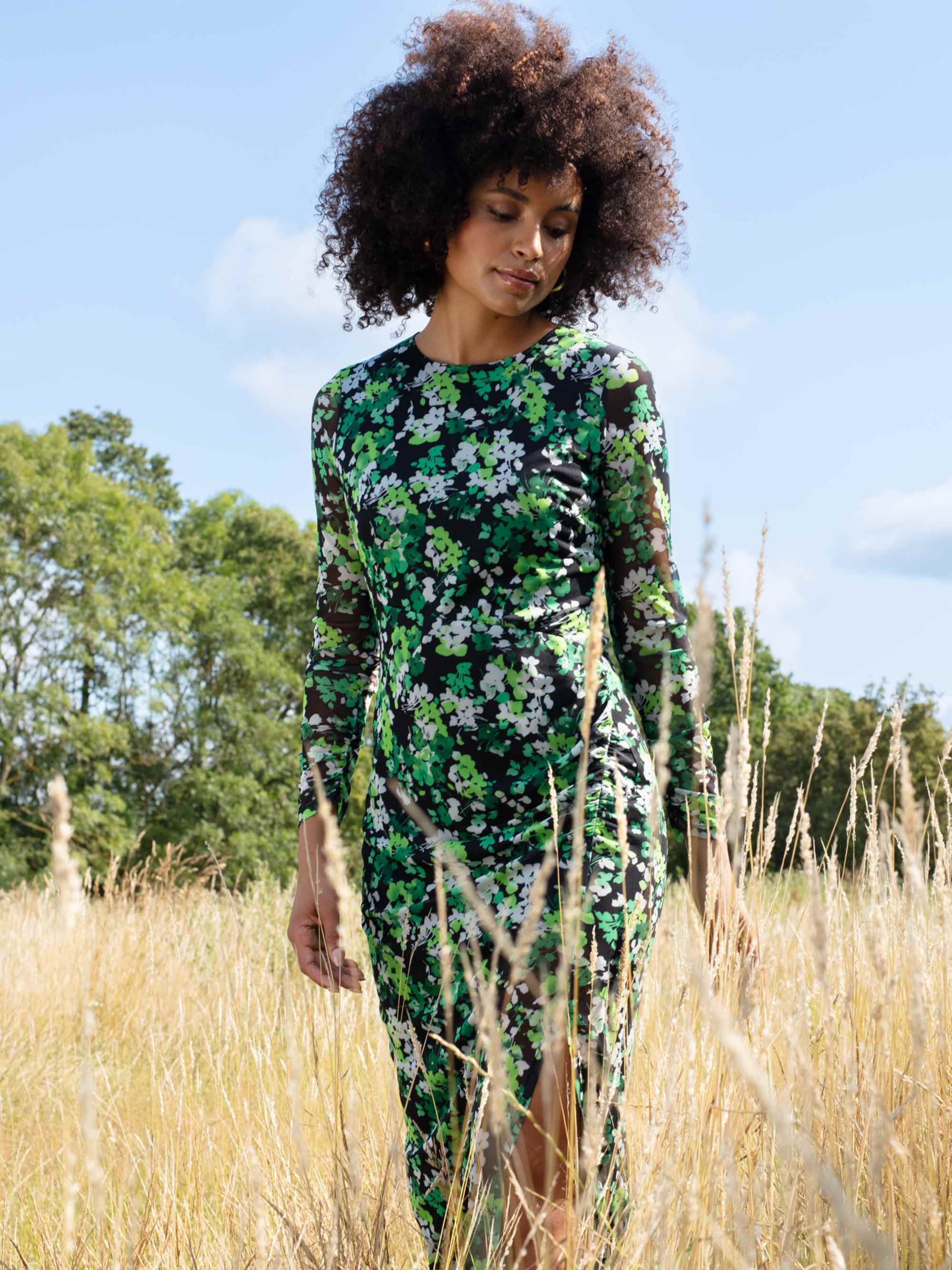 Buy Ro&Zo Floral Mesh Split Side Midi Bodycon Dress, Green Online at johnlewis.com