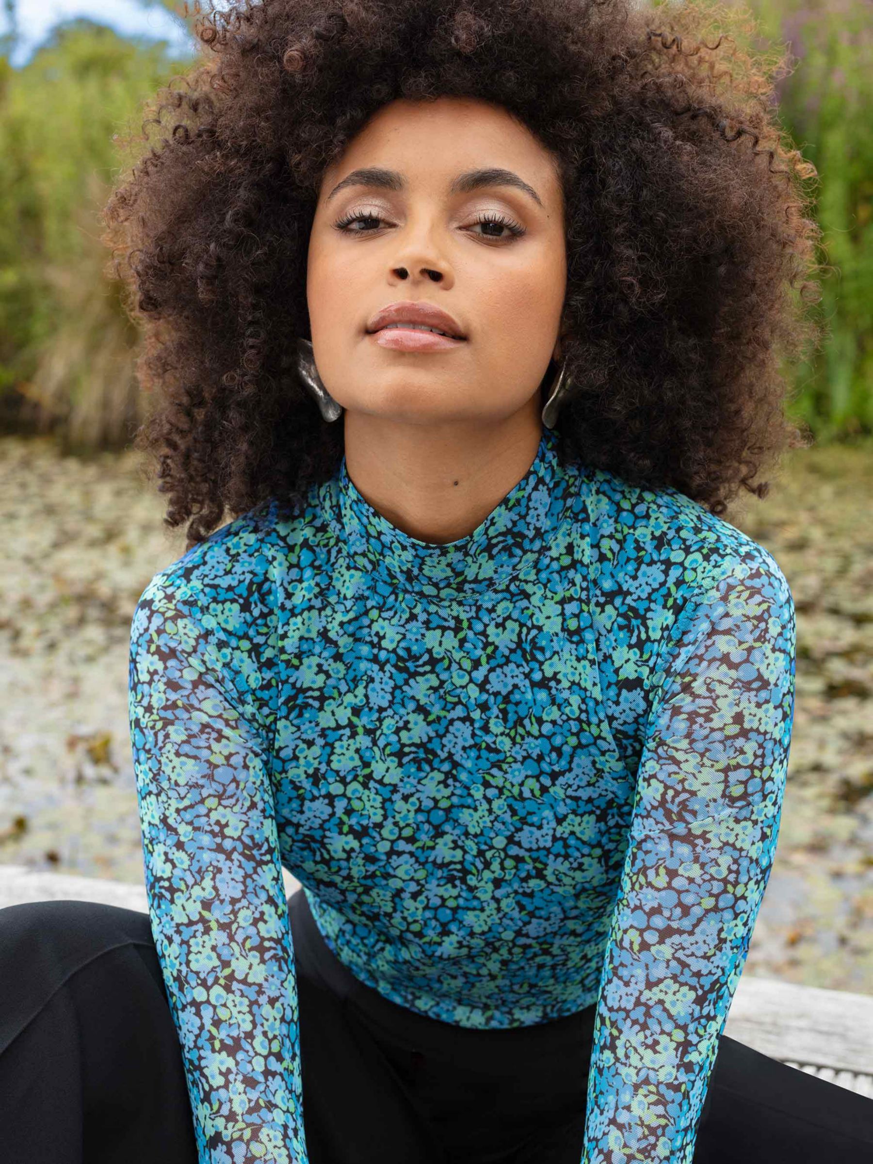 Ro&Zo Floral Mesh Shirt, Blue at John Lewis & Partners