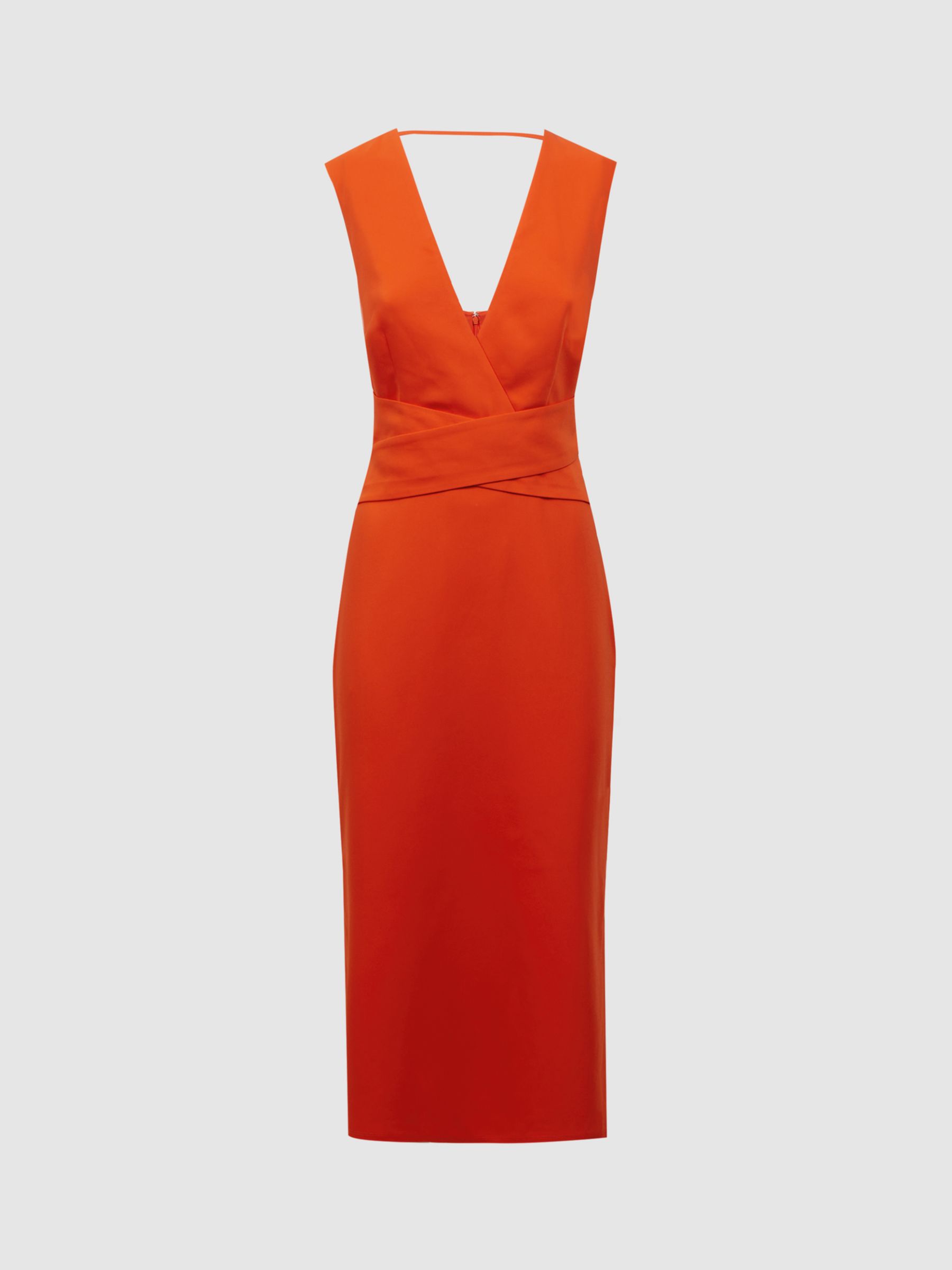 Reiss Jayla Plunge Neck Midi Dress, Orange at John Lewis & Partners