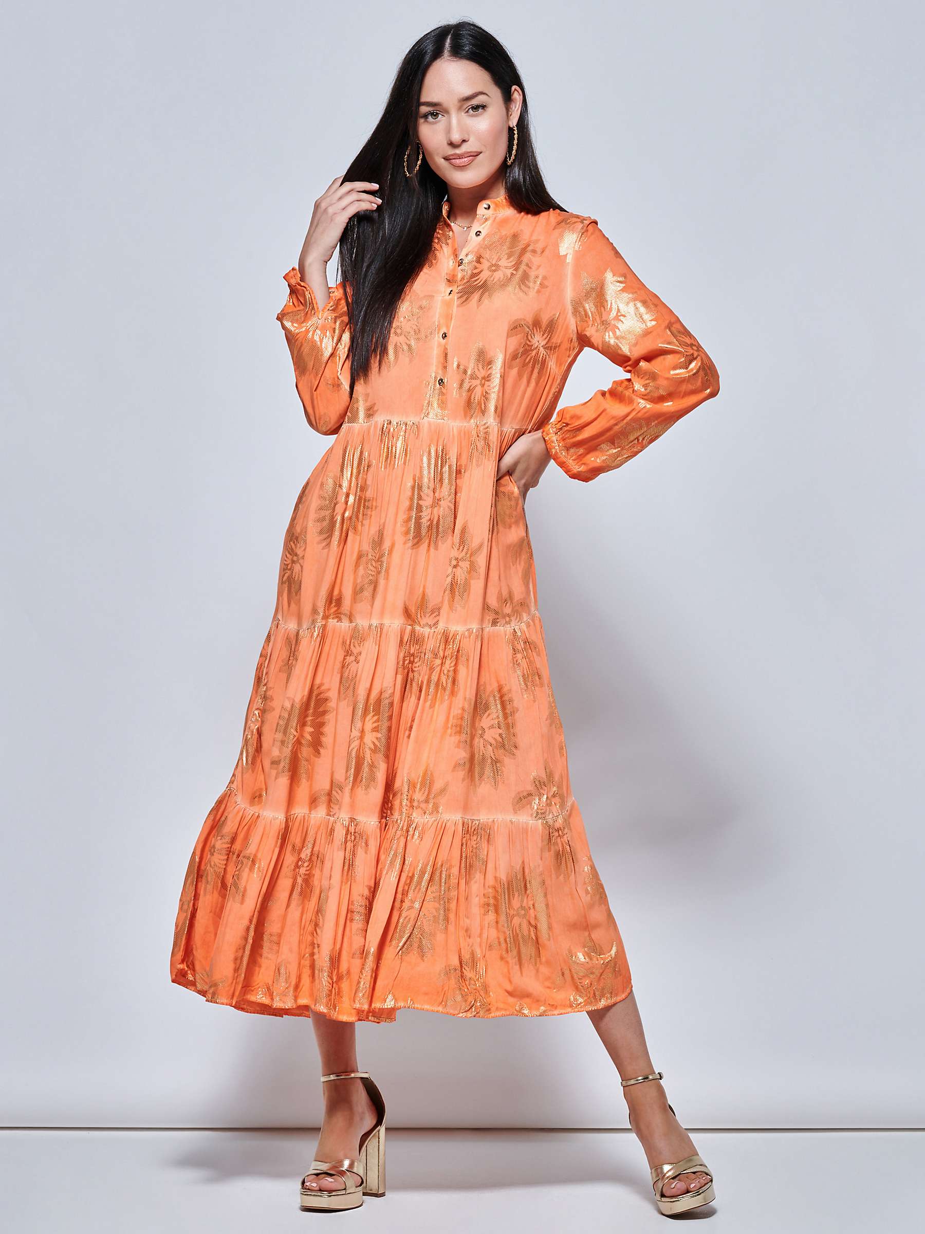 Buy Jolie Moi Floral Tiered Shirt Midi Dress, Orange Online at johnlewis.com