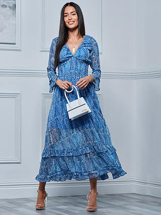 Jolie Moi Abstract Shirred Chiffon Maxi Dress, Blue