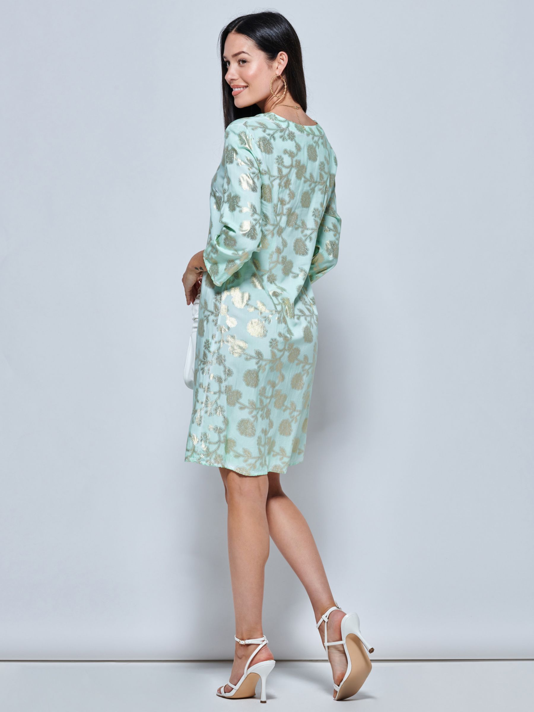 Jolie Moi 3/4 Sleeve Printed Midi Tunic Holiday Dress, Green Abstract, L