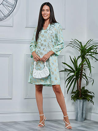 Jolie Moi 3/4 Sleeve Printed Midi Tunic Holiday Dress, Green Abstract