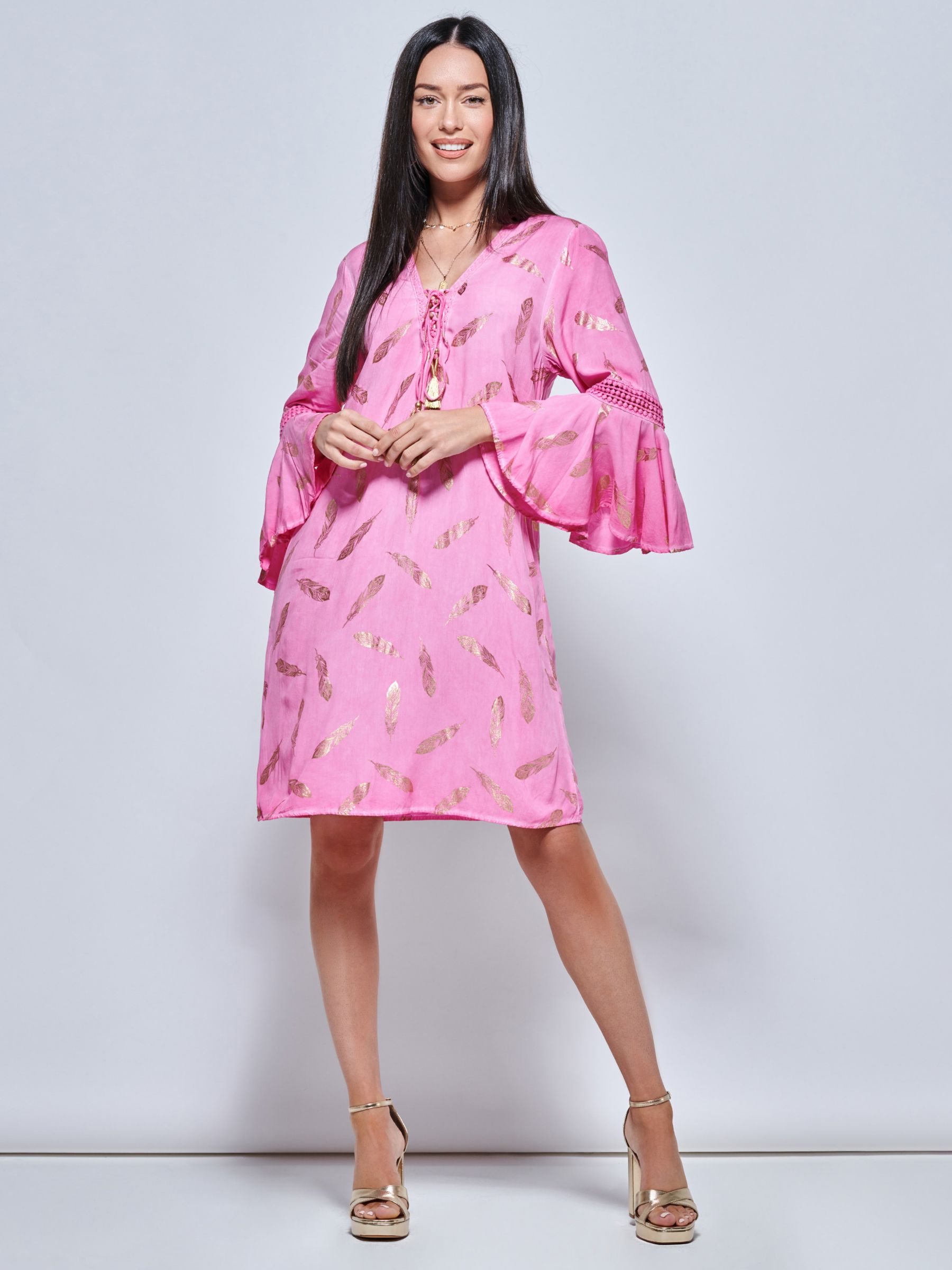 Jolie Moi Feathers Crochet Trim Dress, Pink, S-M