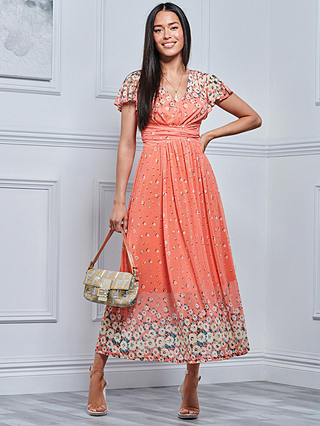 Jolie Moi Mirrored Floral Mesh Maxi Dress, Orange Multi