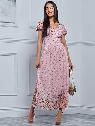 Jolie Moi Mirrored Floral Mesh Maxi Dress, Pink Multi
