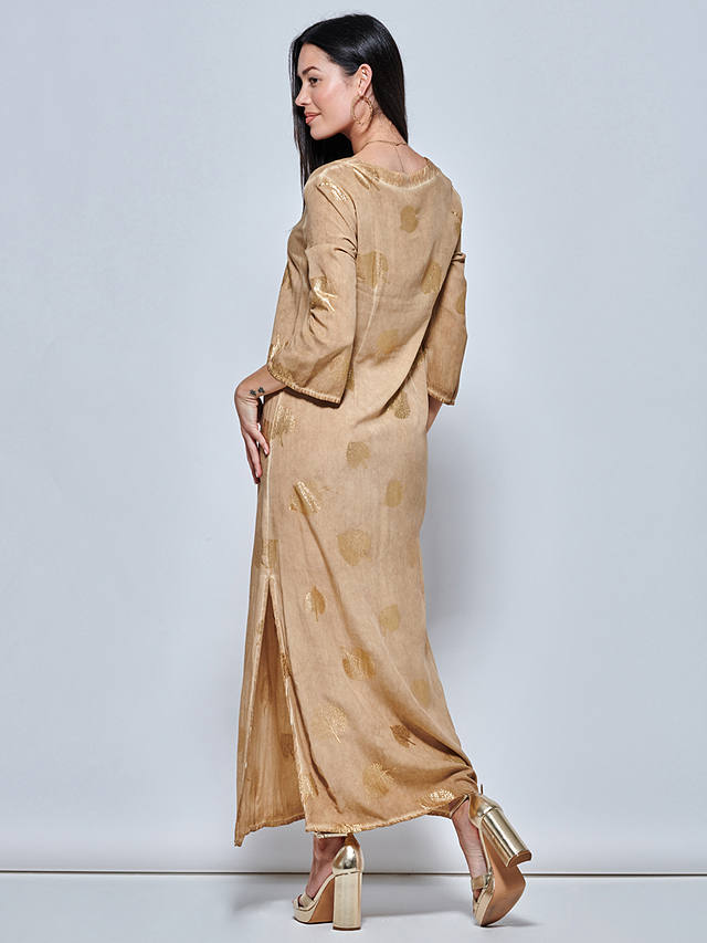 Jolie Moi  3/4 Sleeve Loose Fit Holiday Tunic Maxi Dress, Khaki Pattern
