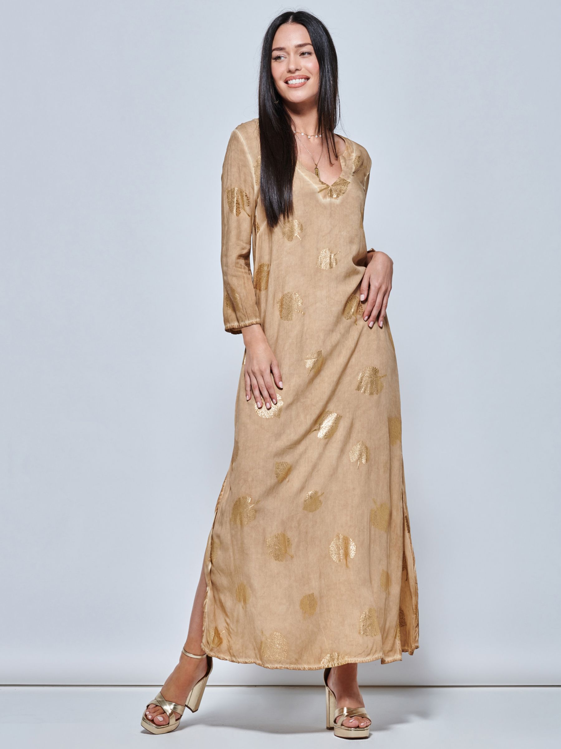 Buy Jolie Moi  3/4 Sleeve Loose Fit Holiday Tunic Maxi Dress, Khaki Pattern Online at johnlewis.com