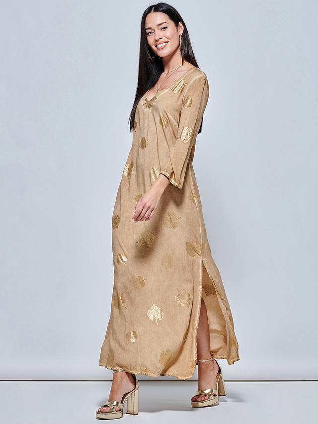 Jolie Moi  3/4 Sleeve Loose Fit Holiday Tunic Maxi Dress, Khaki Pattern