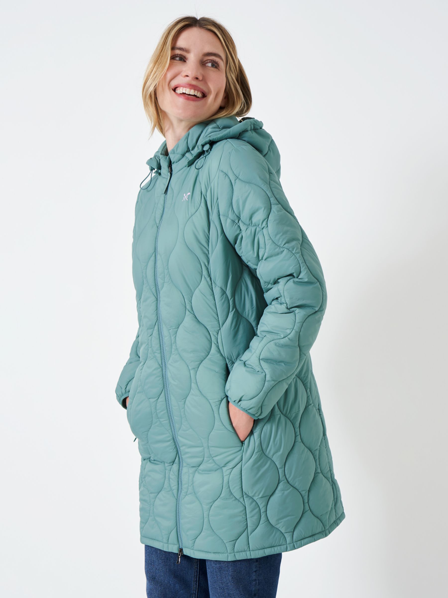 Crew Clothing Lightweight Nylon Onion Quilting Coat, Teal Blue at John ...