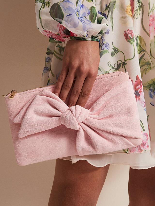 Phase Eight Suede Bow Clutch, Pink