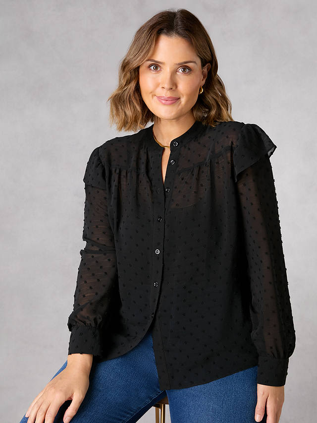 Live Unlimited Curve Dobby Ruffle Shoulder Blouse, Black