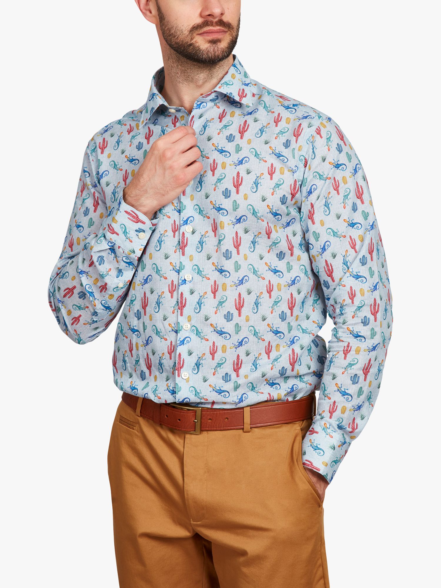Simon Carter Linen Blend Gecko Print Shirt, Blue/Multi, 15