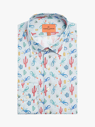 Simon Carter Linen Blend Gecko Print Shirt, Blue/Multi