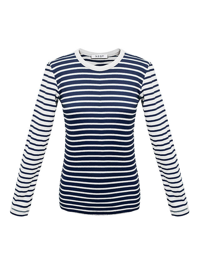 NRBY Patch Billie Cotton Blend Rib Stripe T-Shirt, Navy/White