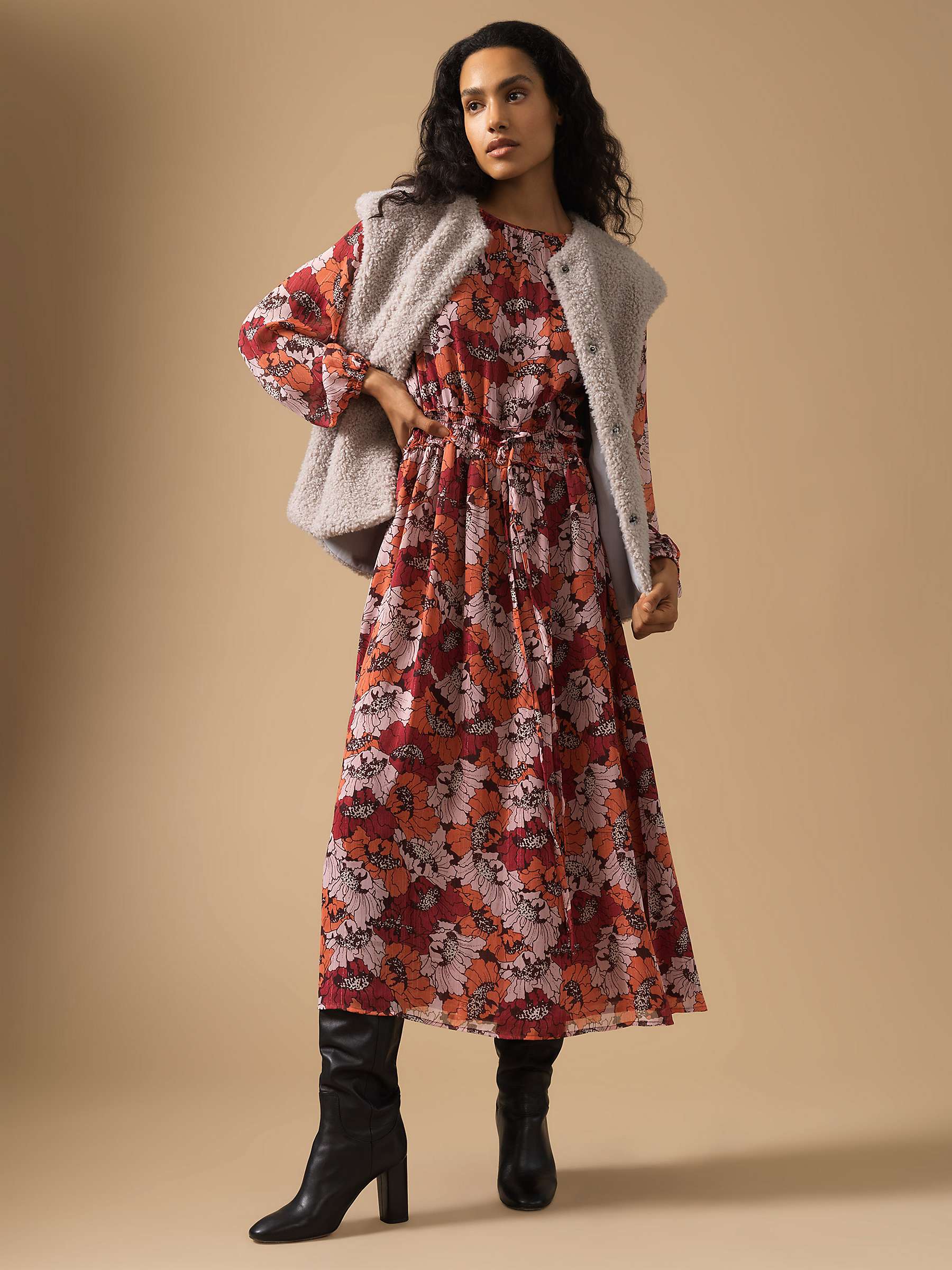 Buy Great Plains Retro Poppy Long Sleeve Midi Dress, Wine/Multi Online at johnlewis.com