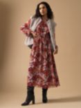 Great Plains Retro Poppy Long Sleeve Midi Dress, Wine/Multi, Wine/Multi