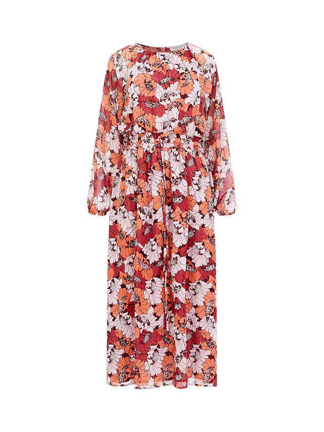 Great Plains Retro Poppy Long Sleeve Midi Dress, Wine/Multi