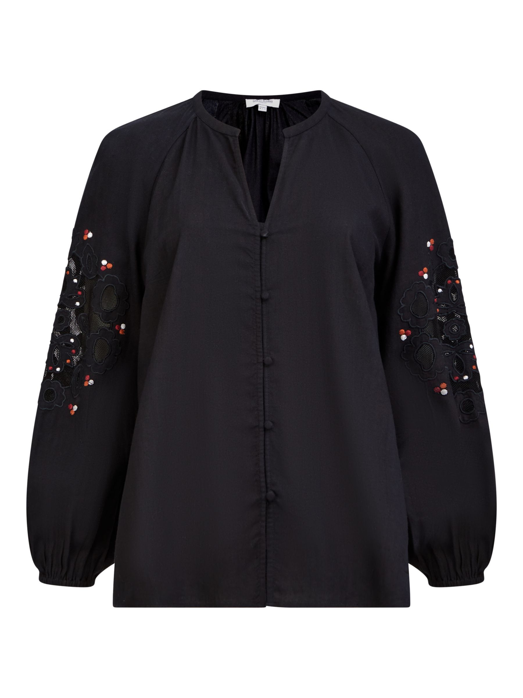 Great Plains Light Flannel Cotton Embroidery Blouse, Black/Multi