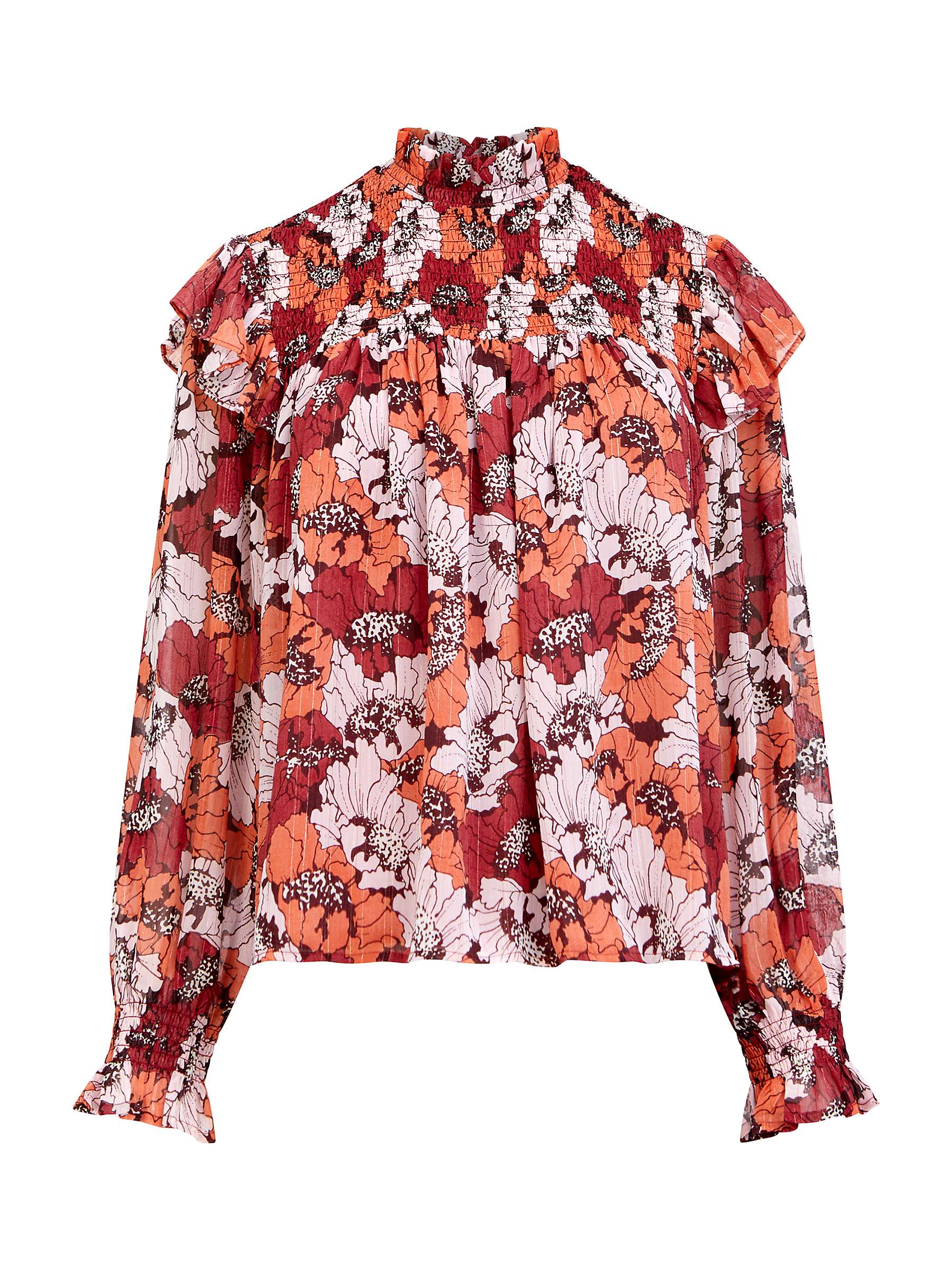 Great Plains Retro Poppy Smocked Top, Wine/Multi at John Lewis & Partners