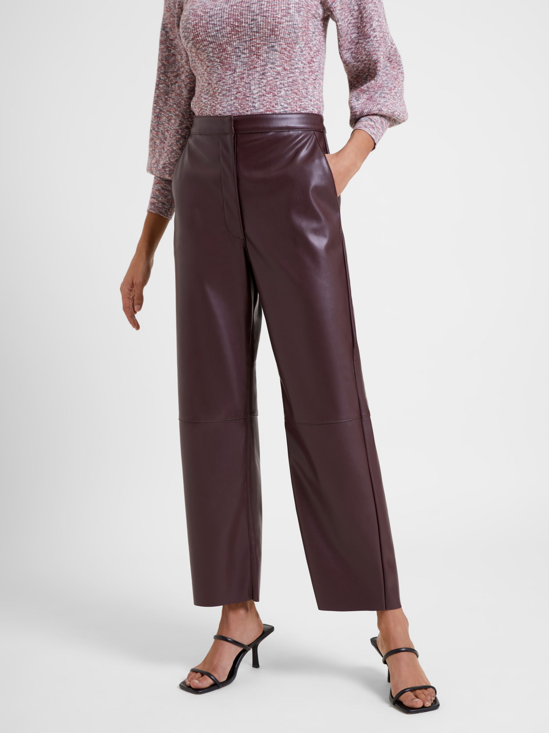 Evanthe Trousers - High Waisted Front Split Faux Leather Trousers in Beige